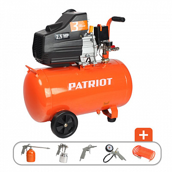 фото EURO 50-260K PATRIOT Компрессор 260 л/мин, 1,8 кВт, 220В, 8 атм, 50 л, кол-во цилиндров/ступеней 1/1 шт, +набор, 27 кг